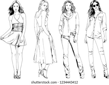vector drawings on the theme of beautiful slim sporty girl in casual clothes in various poses painted ink hand sketch with no background