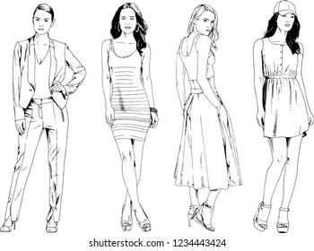 vector drawings on the theme of beautiful slim sporty girl in casual clothes in various poses painted ink hand sketch with no background