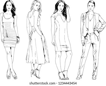 vector drawings on the theme of beautiful slim sporty girl in casual clothes in various poses painted ink hand sketch with no background