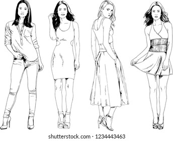 vector drawings on the theme of beautiful slim sporty girl in casual clothes in various poses painted ink hand sketch with no background