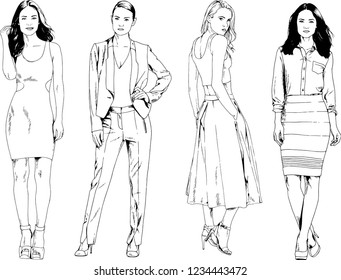 vector drawings on the theme of beautiful slim sporty girl in casual clothes in various poses painted ink hand sketch with no background