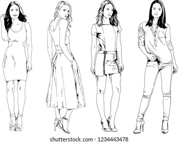 vector drawings on the theme of beautiful slim sporty girl in casual clothes in various poses painted ink hand sketch with no background