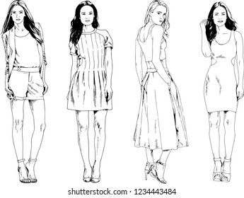 vector drawings on the theme of beautiful slim sporty girl in casual clothes in various poses painted ink hand sketch with no background