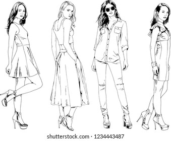 vector drawings on the theme of beautiful slim sporty girl in casual clothes in various poses painted ink hand sketch with no background