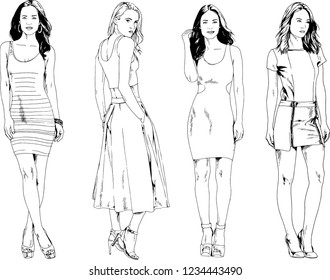 vector drawings on the theme of beautiful slim sporty girl in casual clothes in various poses painted ink hand sketch with no background