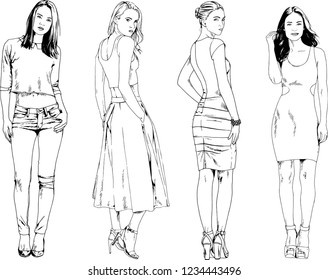 vector drawings on the theme of beautiful slim sporty girl in casual clothes in various poses painted ink hand sketch with no background