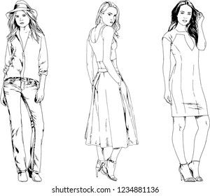 vector drawings on the theme of beautiful slim sporty girl in casual clothes in various poses painted ink hand sketch with no background
