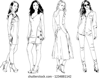 vector drawings on the theme of beautiful slim sporty girl in casual clothes in various poses painted ink hand sketch with no background