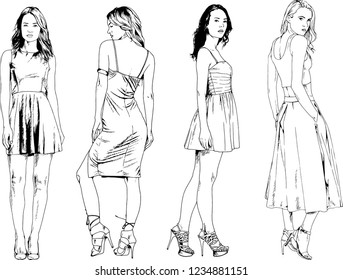 vector drawings on the theme of beautiful slim sporty girl in casual clothes in various poses painted ink hand sketch with no background