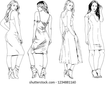 vector drawings on the theme of beautiful slim sporty girl in casual clothes in various poses painted ink hand sketch with no background