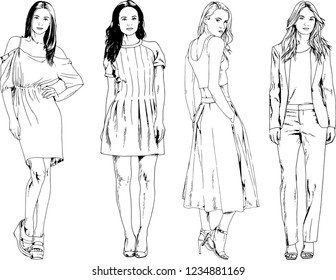 vector drawings on the theme of beautiful slim sporty girl in casual clothes in various poses painted ink hand sketch with no background