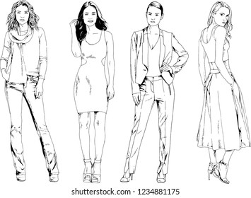 vector drawings on the theme of beautiful slim sporty girl in casual clothes in various poses painted ink hand sketch with no background