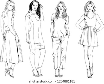 vector drawings on the theme of beautiful slim sporty girl in casual clothes in various poses painted ink hand sketch with no background
