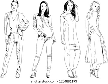 vector drawings on the theme of beautiful slim sporty girl in casual clothes in various poses painted ink hand sketch with no background