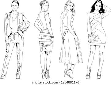 vector drawings on the theme of beautiful slim sporty girl in casual clothes in various poses painted ink hand sketch with no background