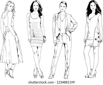 vector drawings on the theme of beautiful slim sporty girl in casual clothes in various poses painted ink hand sketch with no background