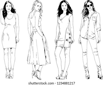 vector drawings on the theme of beautiful slim sporty girl in casual clothes in various poses painted ink hand sketch with no background