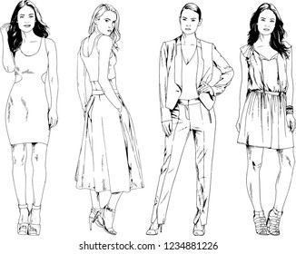 vector drawings on the theme of beautiful slim sporty girl in casual clothes in various poses painted ink hand sketch with no background