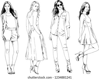 vector drawings on the theme of beautiful slim sporty girl in casual clothes in various poses painted ink hand sketch with no background