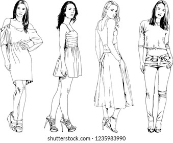 vector drawings on the theme of beautiful slim sporty girl in casual clothes in various poses painted ink hand sketch with no background
