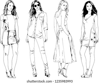 vector drawings on the theme of beautiful slim sporty girl in casual clothes in various poses painted ink hand sketch with no background