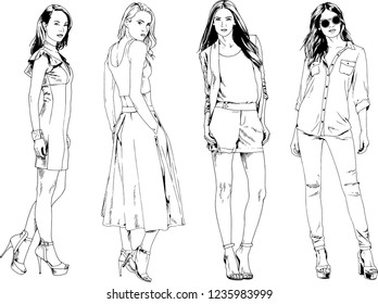 vector drawings on the theme of beautiful slim sporty girl in casual clothes in various poses painted ink hand sketch with no background