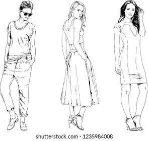 vector drawings on the theme of beautiful slim sporty girl in casual clothes in various poses painted ink hand sketch with no background