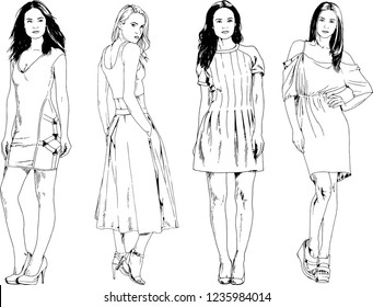 vector drawings on the theme of beautiful slim sporty girl in casual clothes in various poses painted ink hand sketch with no background