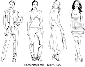 vector drawings on the theme of beautiful slim sporty girl in casual clothes in various poses painted ink hand sketch with no background