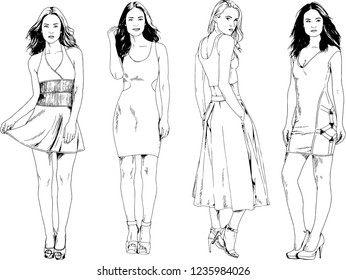 vector drawings on the theme of beautiful slim sporty girl in casual clothes in various poses painted ink hand sketch with no background