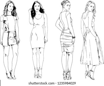 vector drawings on the theme of beautiful slim sporty girl in casual clothes in various poses painted ink hand sketch with no background