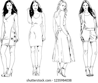 vector drawings on the theme of beautiful slim sporty girl in casual clothes in various poses painted ink hand sketch with no background