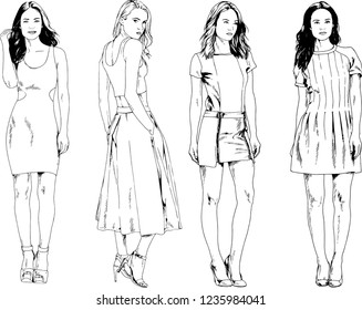 vector drawings on the theme of beautiful slim sporty girl in casual clothes in various poses painted ink hand sketch with no background
