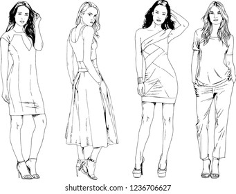 vector drawings on the theme of beautiful slim sporty girl in casual clothes in various poses painted ink hand sketch with no background