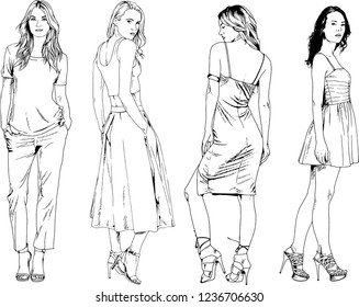 vector drawings on the theme of beautiful slim sporty girl in casual clothes in various poses painted ink hand sketch with no background