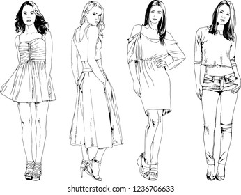 vector drawings on the theme of beautiful slim sporty girl in casual clothes in various poses painted ink hand sketch with no background