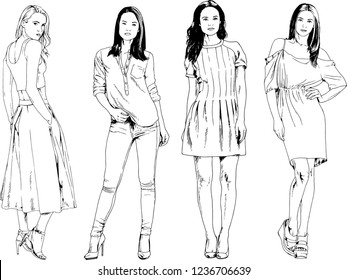 vector drawings on the theme of beautiful slim sporty girl in casual clothes in various poses painted ink hand sketch with no background