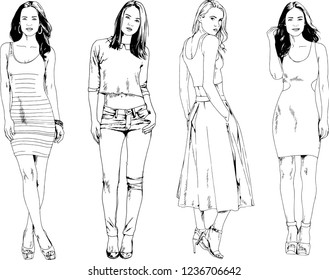 vector drawings on the theme of beautiful slim sporty girl in casual clothes in various poses painted ink hand sketch with no background