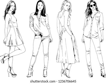 vector drawings on the theme of beautiful slim sporty girl in casual clothes in various poses painted ink hand sketch with no background