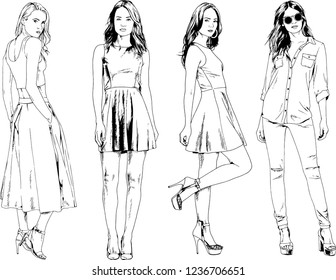 vector drawings on the theme of beautiful slim sporty girl in casual clothes in various poses painted ink hand sketch with no background