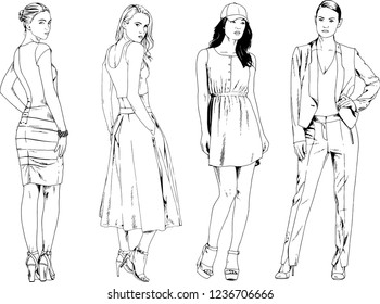 vector drawings on the theme of beautiful slim sporty girl in casual clothes in various poses painted ink hand sketch with no background