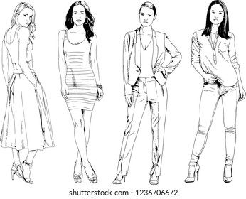 vector drawings on the theme of beautiful slim sporty girl in casual clothes in various poses painted ink hand sketch with no background