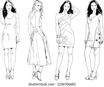 vector drawings on the theme of beautiful slim sporty girl in casual clothes in various poses painted ink hand sketch with no background