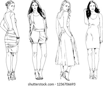 vector drawings on the theme of beautiful slim sporty girl in casual clothes in various poses painted ink hand sketch with no background