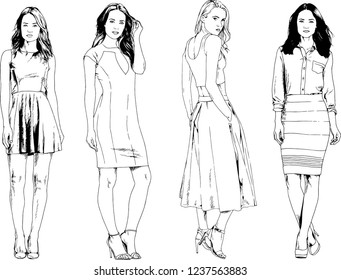 vector drawings on the theme of beautiful slim sporty girl in casual clothes in various poses painted ink hand sketch with no background