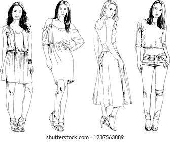 vector drawings on the theme of beautiful slim sporty girl in casual clothes in various poses painted ink hand sketch with no background