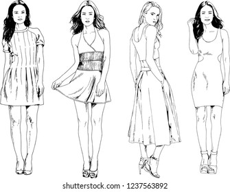 vector drawings on the theme of beautiful slim sporty girl in casual clothes in various poses painted ink hand sketch with no background