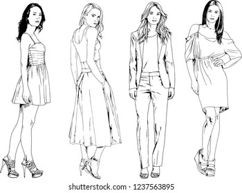 vector drawings on the theme of beautiful slim sporty girl in casual clothes in various poses painted ink hand sketch with no background