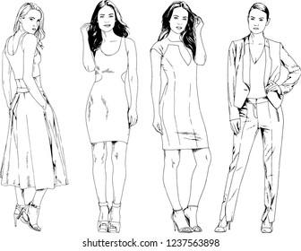 vector drawings on the theme of beautiful slim sporty girl in casual clothes in various poses painted ink hand sketch with no background
