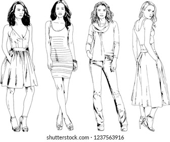 vector drawings on the theme of beautiful slim sporty girl in casual clothes in various poses painted ink hand sketch with no background